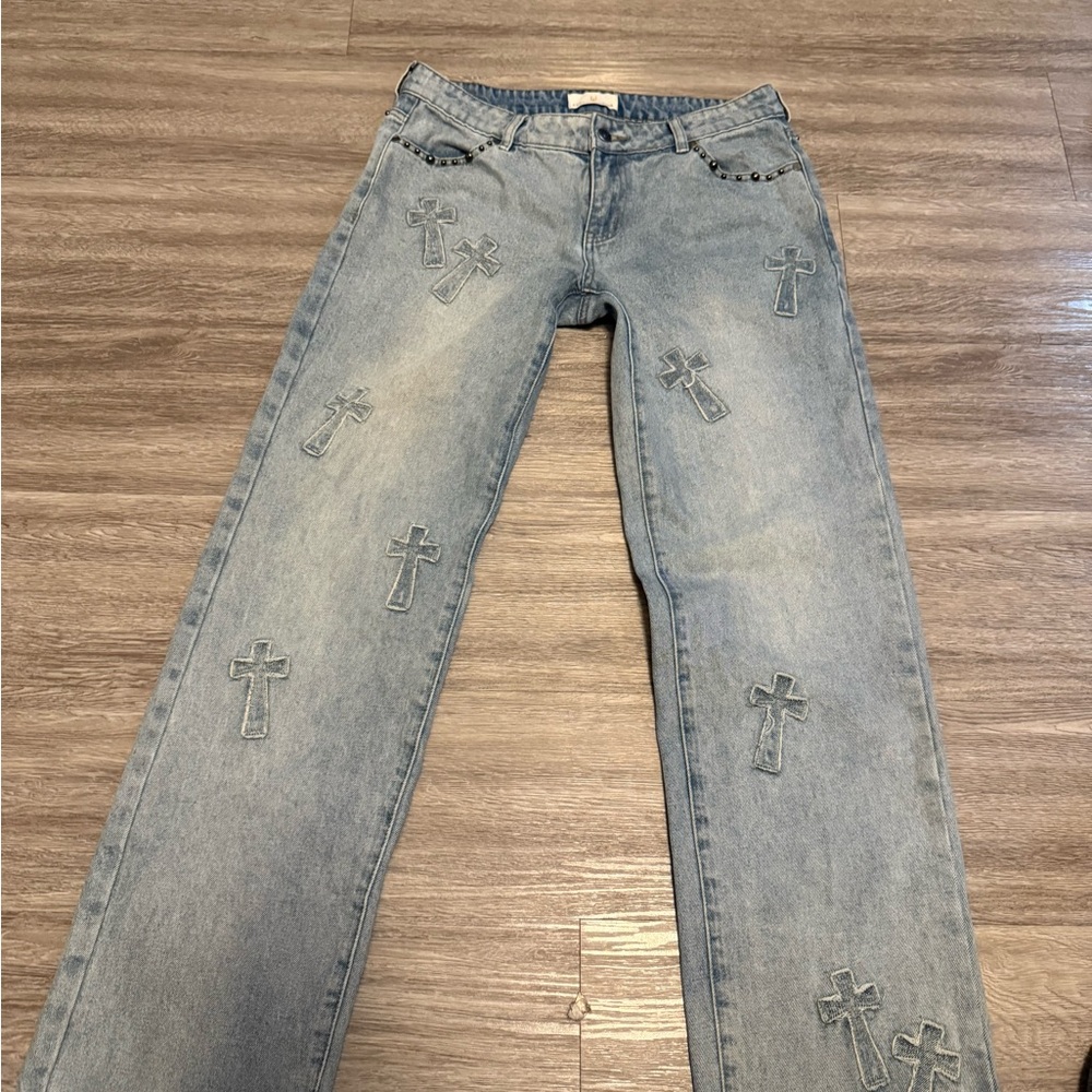 Austin Landing Denim Cross Studded Rare Mid Rise Straight Leg Jeans Size 7